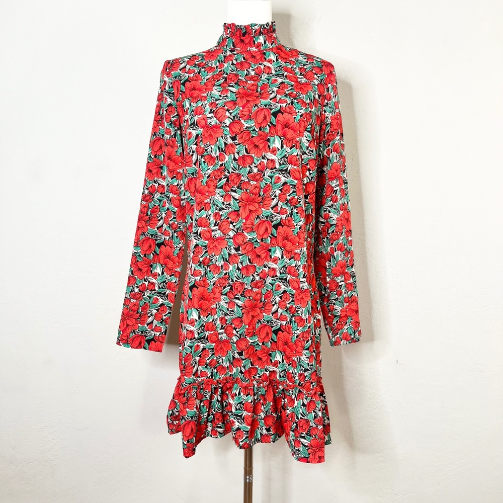 Missguided Red Floral Mock Neck Ruffle Hem Shift‎ Long Sleeve Mini Dress US 0